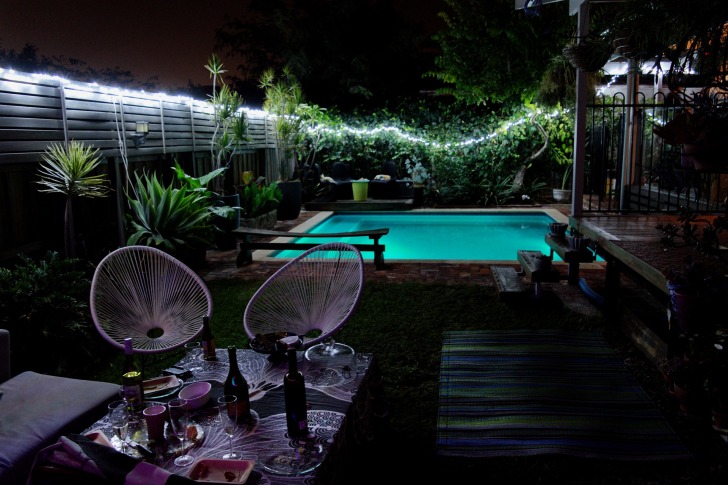 A hotel garden at night