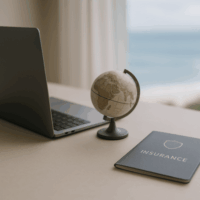 Laptop and passport travel concept image