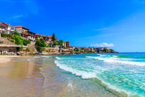 Burgas Sozopol, Burgas Province, Bulgaria: Beautiful view of the old town with southern fortress walls and tower on Black Sea coastline, medieval Apollonia. Summer destination
