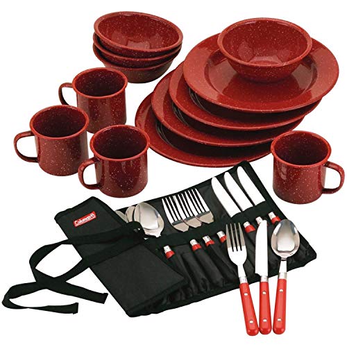 Top choice number 1: Coleman 24-Piece Enamel Dinnerware Camping Kit