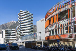 Escaldes-Engordany Les Escaldes Andorra on March 24, 2026. Les Escaldes is one of the main towns in the parish of Escaldes-Engordany, in the Principality of Andorra. Located at an altitude of 1,053 meters. Futuristic architecture.
