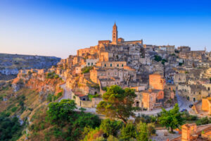 The Sassi of Matera. Panorama of the old town from the Saint Augustin church, Apulia, Italy.