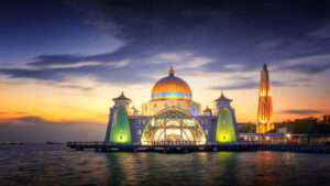 Scenic sunset view at the Melaka Straits Mosque Masjid Selat Melaka, Malaysia