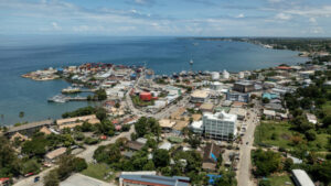 Solomon Islands Aerial view looking eastward above the centre of central Honiara city.