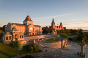 Szczecin Historic Buildings in Szczecin, Poland at Sunset with Fountain