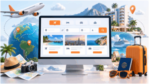 Desktop computer displaying a travel booking website, surrounded by travel items like a globe, suitcase, and camera