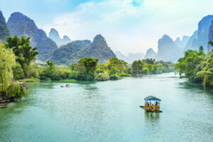 Landscape of Guilin, Li River and Karst mountains. Located in Yangshuo County, Guilin City, Guangxi Province, China.