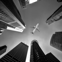 A plane seen from a street