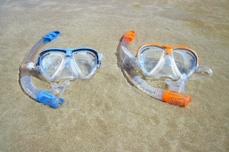 Blue and orange snorkels in the water