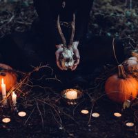 Goat skull, pumpkins and candles