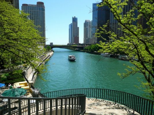 A river flowing through a city