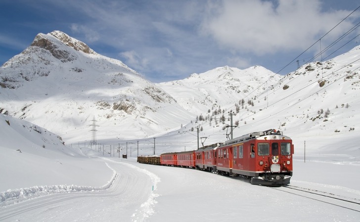 Swiss train in snowy mountains