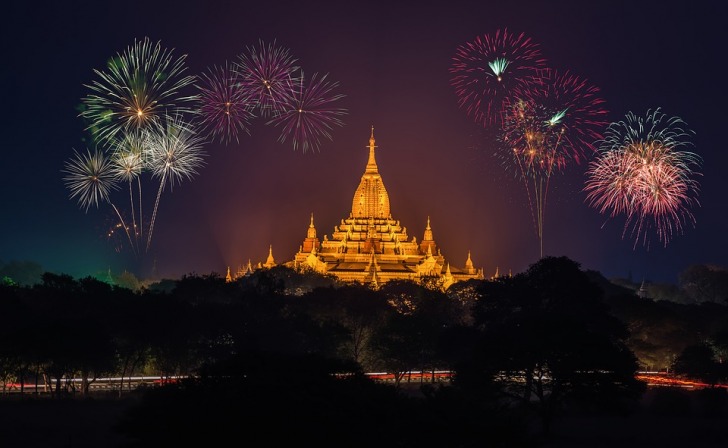 Fireworks in Southeast Asia temple