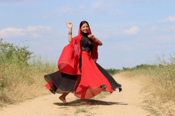 Girl in a black and red dress