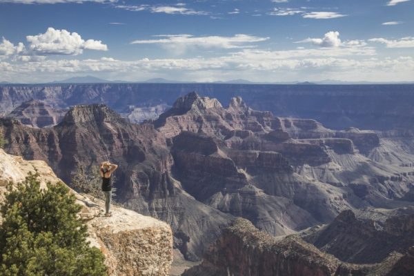 A girl looking at a canyon