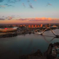 Burswood Peninsula in Perth, Western Australia, featuring the Optus Stadium at sunset