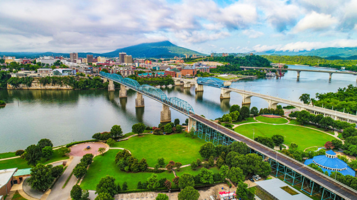 Drone Aerial of Downtown Chattanooga Tennessee Skyline