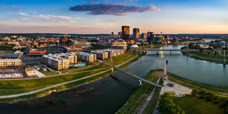 Looking over Deeds Park at the fountains toward downtown Dayton. This is an aerial panorama via drone