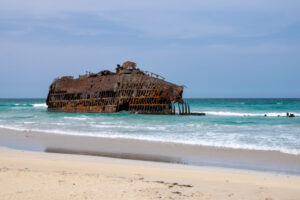 Santa Maria Rusting shipwreck cabo Santa Maria stranded on the northern coast sand beaches of Boa Vista, Cape Verde