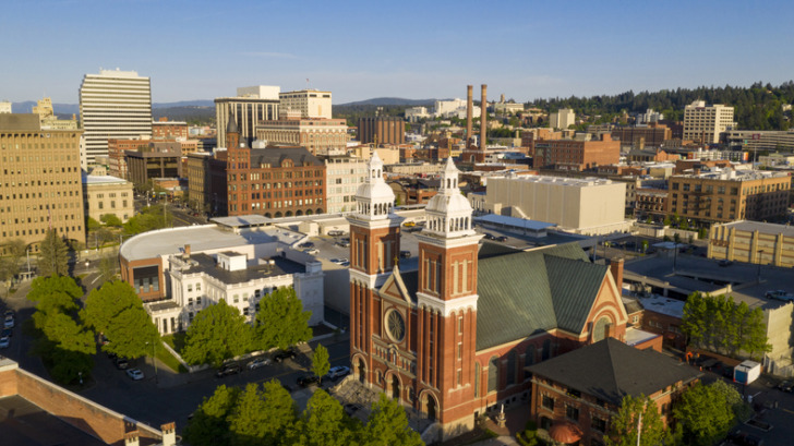 Historic buildings at the forefront in the downtown urban area of Spokane Washington