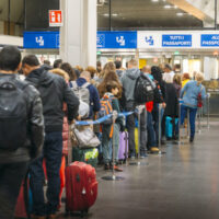 Long immigration queue at Malpensa Airport in Milan, Italy for arrivals of Non-Schengen travellers