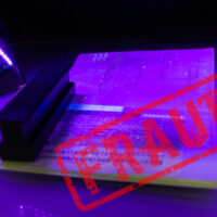 Process of the passport visa checking, close-up. The study of protective elements of the document in ultraviolet light. High security printing for for visa stickers. Passport protection against fraud