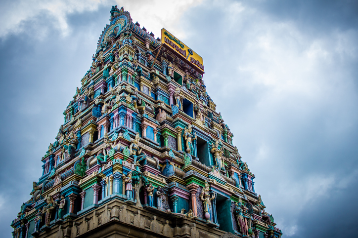 Beautiful view of the gopuram (tower) of Masani Amman Temple in Anaimalai, Pollachi, Coimbatore district of Tamil Nadu state, India.