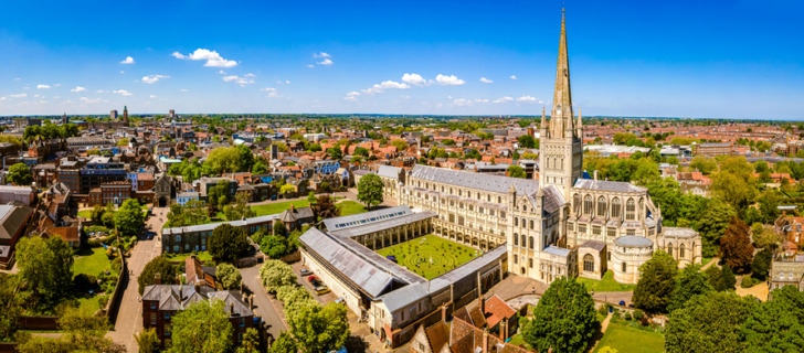 Aerial view of Norwich Cathedral located in Norwich, Norfolk