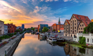 Bydgoszcz Old Town and Brda River at sunrise in Bydgoszcz, Poland