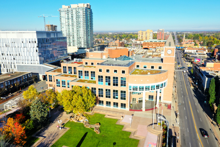 Aerial of Brampton City Hall in Ontario, Canada