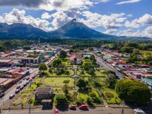 La Fortuna Beautiful aerial view of San Carlos La Fortuna Town - Arenal Volcano la Fortuna Church in Costa Rica