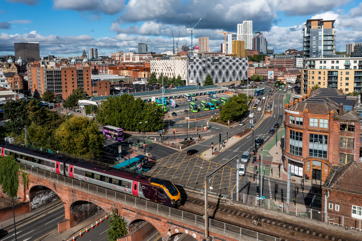 Aerial panorama view of Leeds city with rail and road transport links