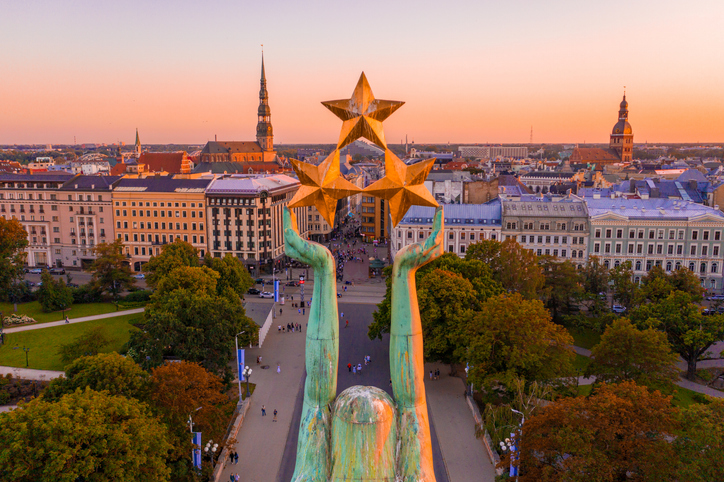 An amazing Aerial View of the Statue of Liberty Milda in Riga, Latvia