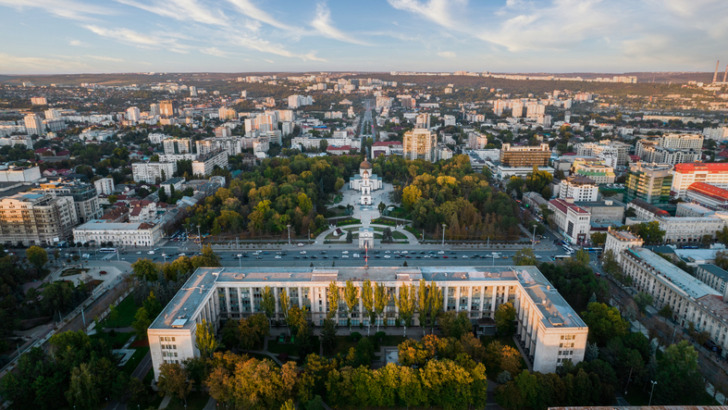 Aerial drone view of Chisinau downtown at sunset, Moldova