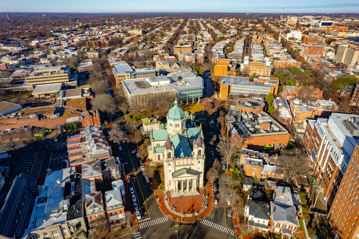 Aerial view of Virginia Commonwealth University and the Fan District of Richmond, Virginia
