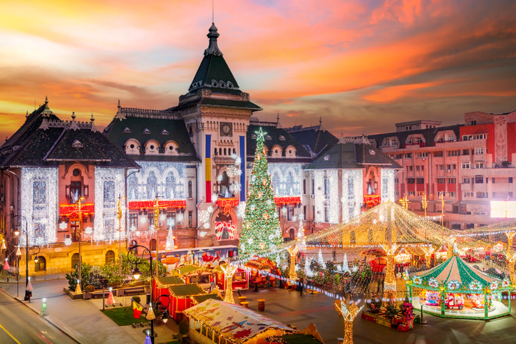 Craiova, Romania. Christmas Market in historical Oltenia, Romania travel background.