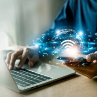 Business using smartphone ,with wifi icon,business communication social network concept.