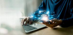 Business using smartphone ,with wifi icon,business communication social network concept.