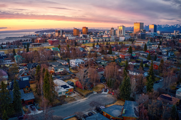 Aerial view of the sunset sky over Downtown Anchorage, Alaska