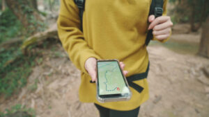 Woman hiking and backpack wearing yellow sweater walking and using smartphone for lookig GPS and map in the forest