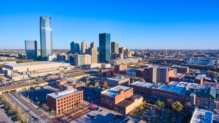 Stunning downtown skyline of Oklahoma City in morning light from aerial