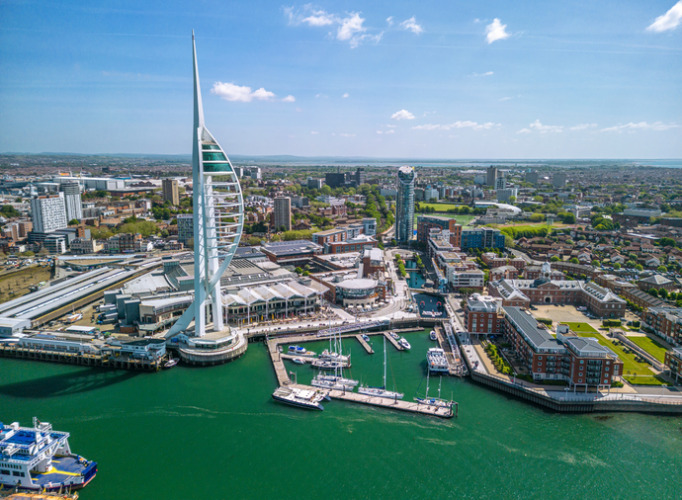 The drone aerial view of Spinnaker Tower and Portsmouth Harbour.