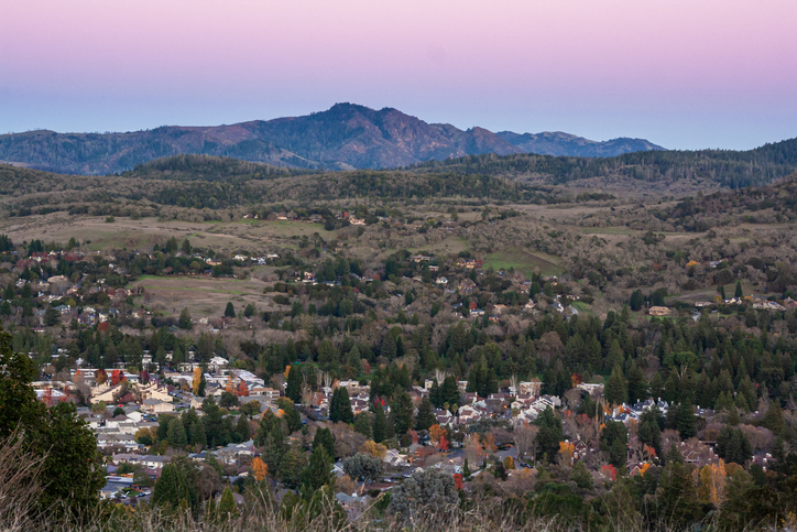 Aerial view of a town in a valley at sunset Santa Rosa