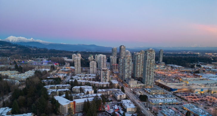 Buildings and Residential Homes near Town Centre. Aerial City Sunset. Coquitlam, Vancouver, BC, Canada.