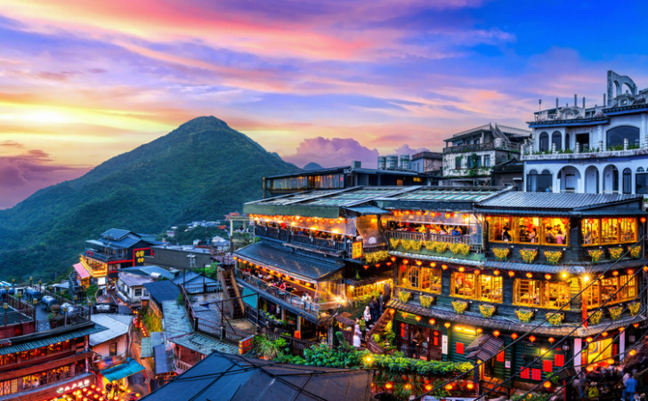 Jiufen old street at twilight in Taipei Taiwan.