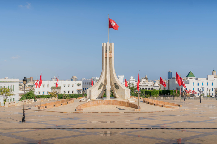 The National Monument of the Kasbah, iconic Tunisia landmark with Tunisian flags, located at Kasbah Square in Tunisю