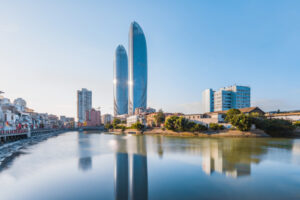 Xiamen Scenery of Shapowei and World Trade Center Twin Towers in Xiamen, Fujian, China
