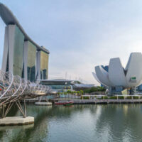View of The Helix Bridge in Singapore day to night timelapse.