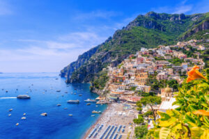 Positano Amalfi Coast, Italy. View of Positano town and the beach.
