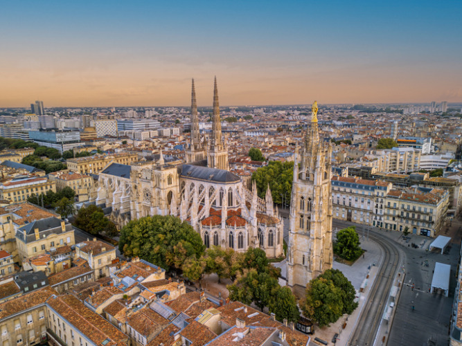 Bordeaux Cathedral and Pey Berland Tower at sunrise, Bordeaux, France